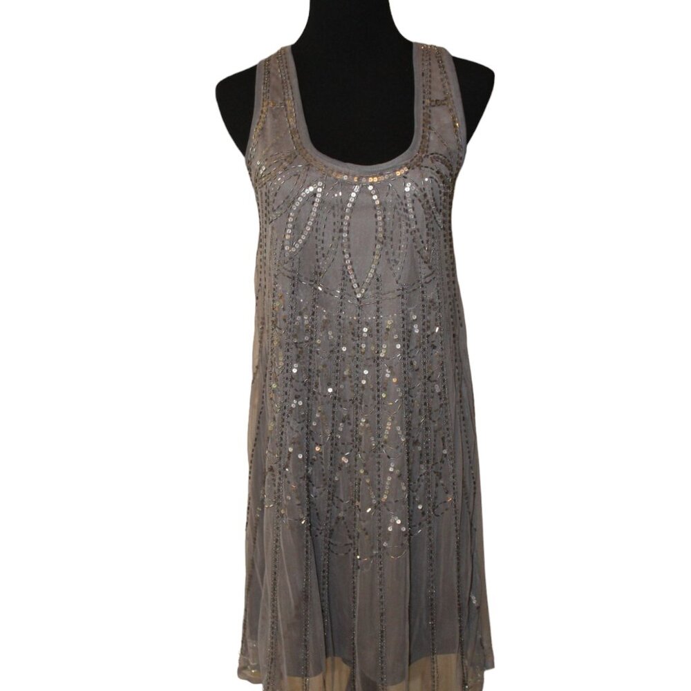 ANGIE Silver Beaded Mini Dress Stunning Gray Swing Gatsby S Small Downtown Abbey